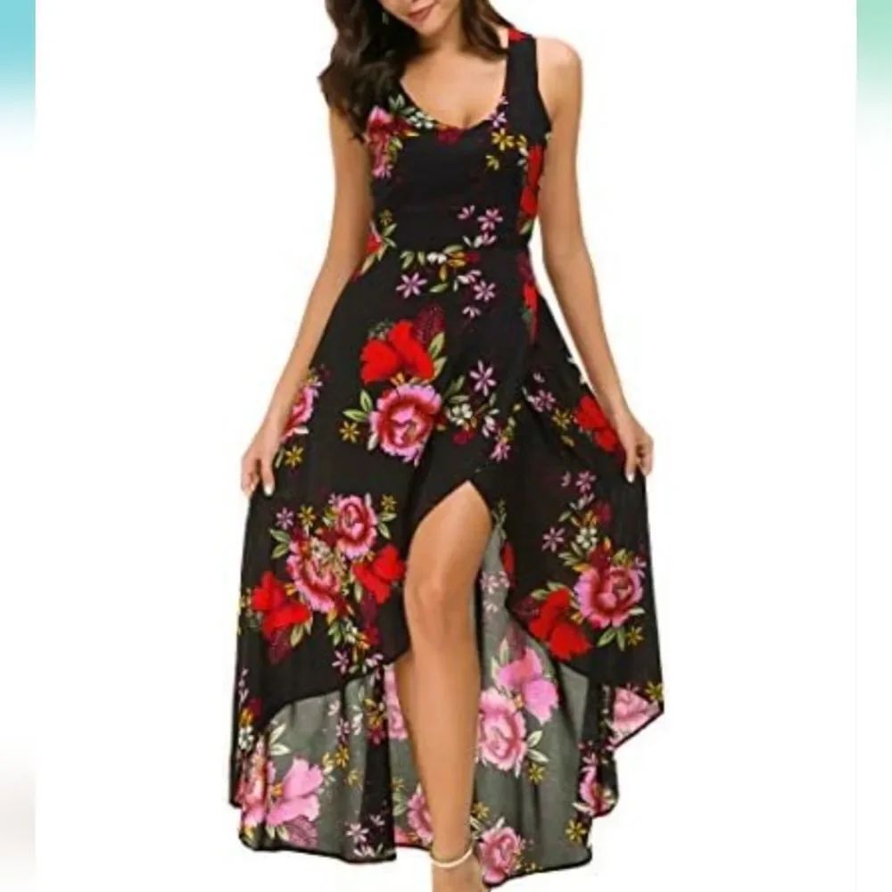 BRAND NEW KORMEI  SLEEVELESS SCOOP NECK FLORAL High LOW SPLIT LONG PARTY  DRESS